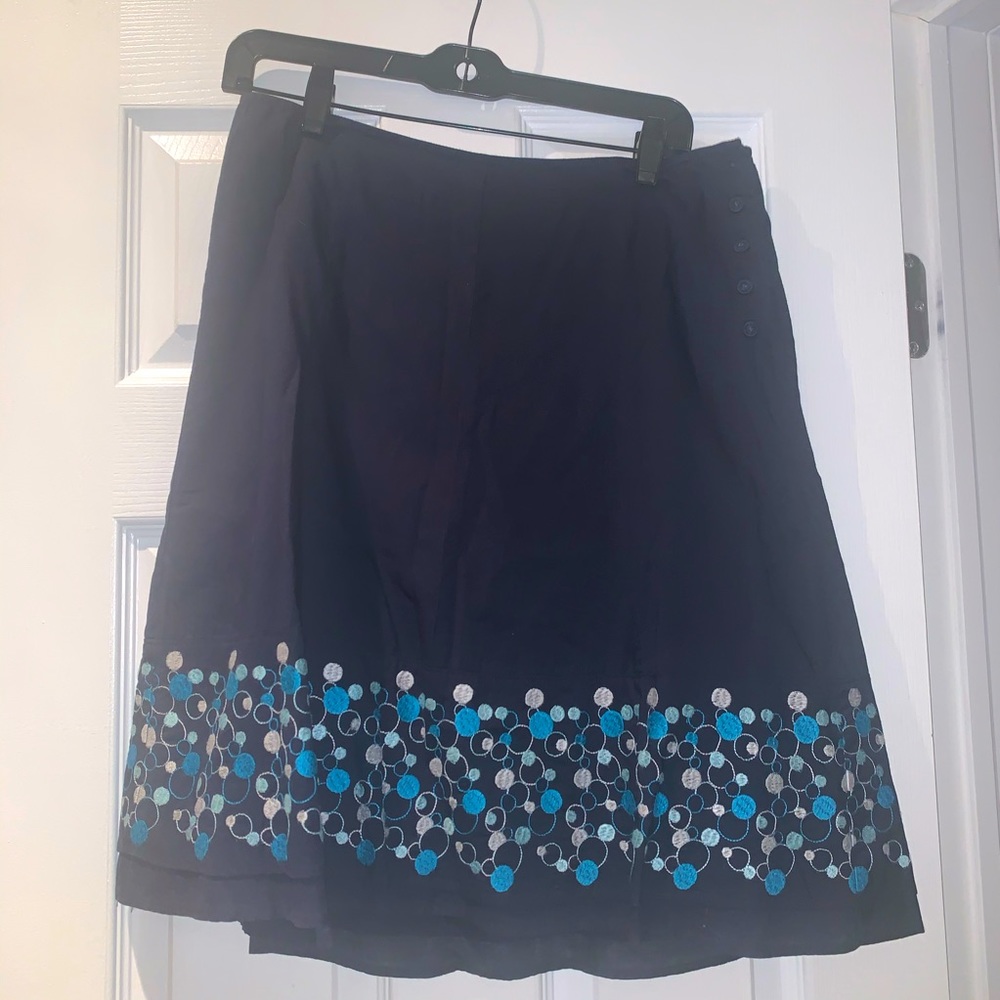 Ann Taylor A-line navy blue skirt circle polka dot embroidered graphics 4